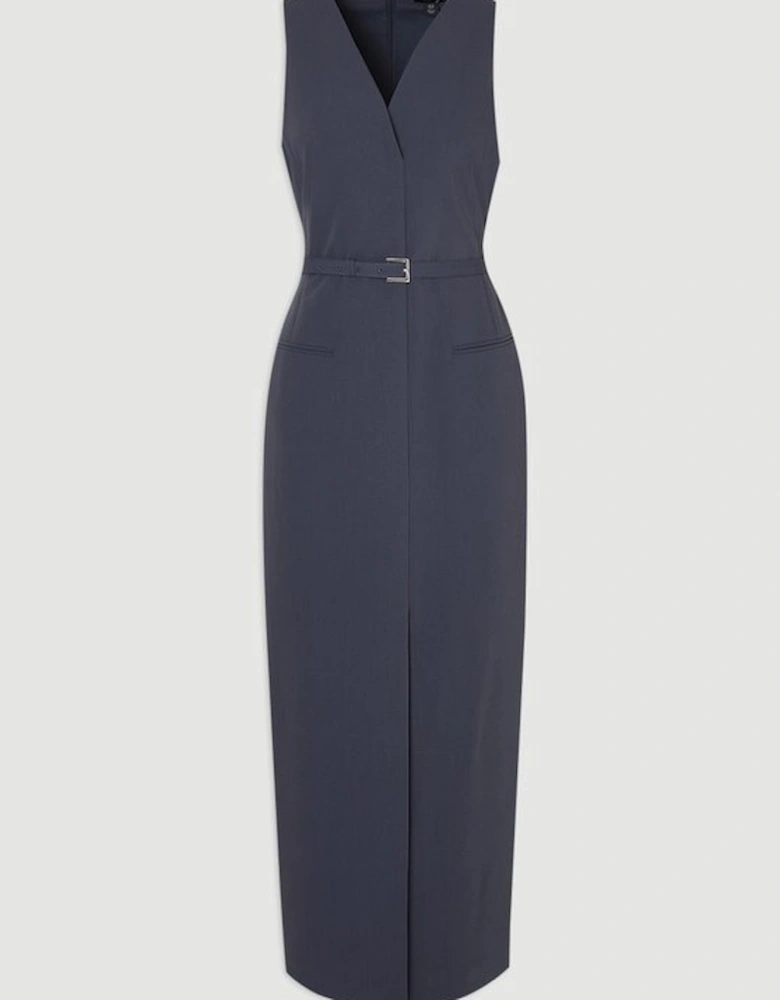 Tailored Twill Essential Sleeveless Belted Pencil Maxi Dress