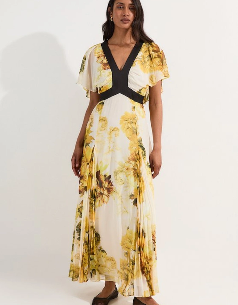 Pleated Floral Godet Pannell Woven Maxi Dress