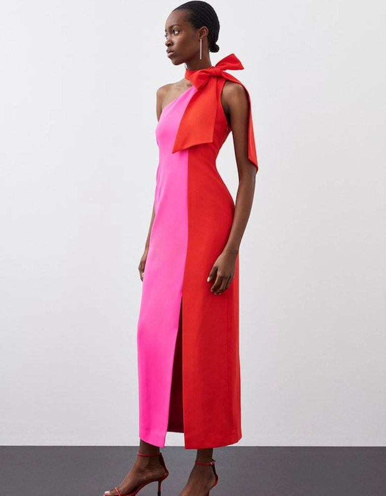 Soft Tailored Colour Block Bow Tie Neck Midi Dress