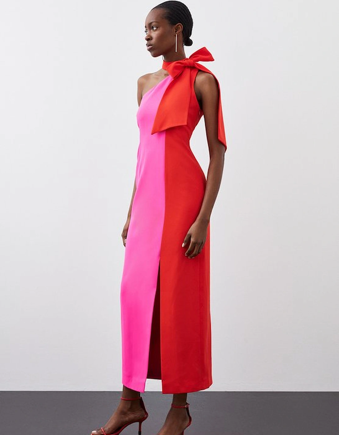 Soft Tailored Colour Block Bow Tie Neck Midi Dress
