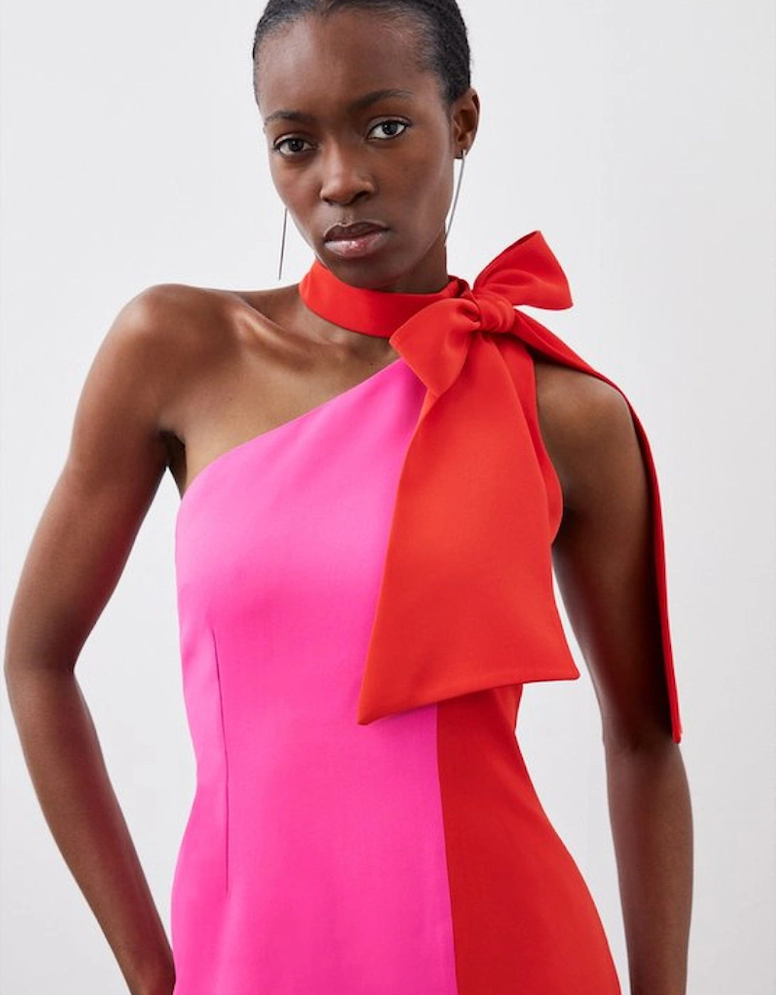 Soft Tailored Colour Block Bow Tie Neck Midi Dress