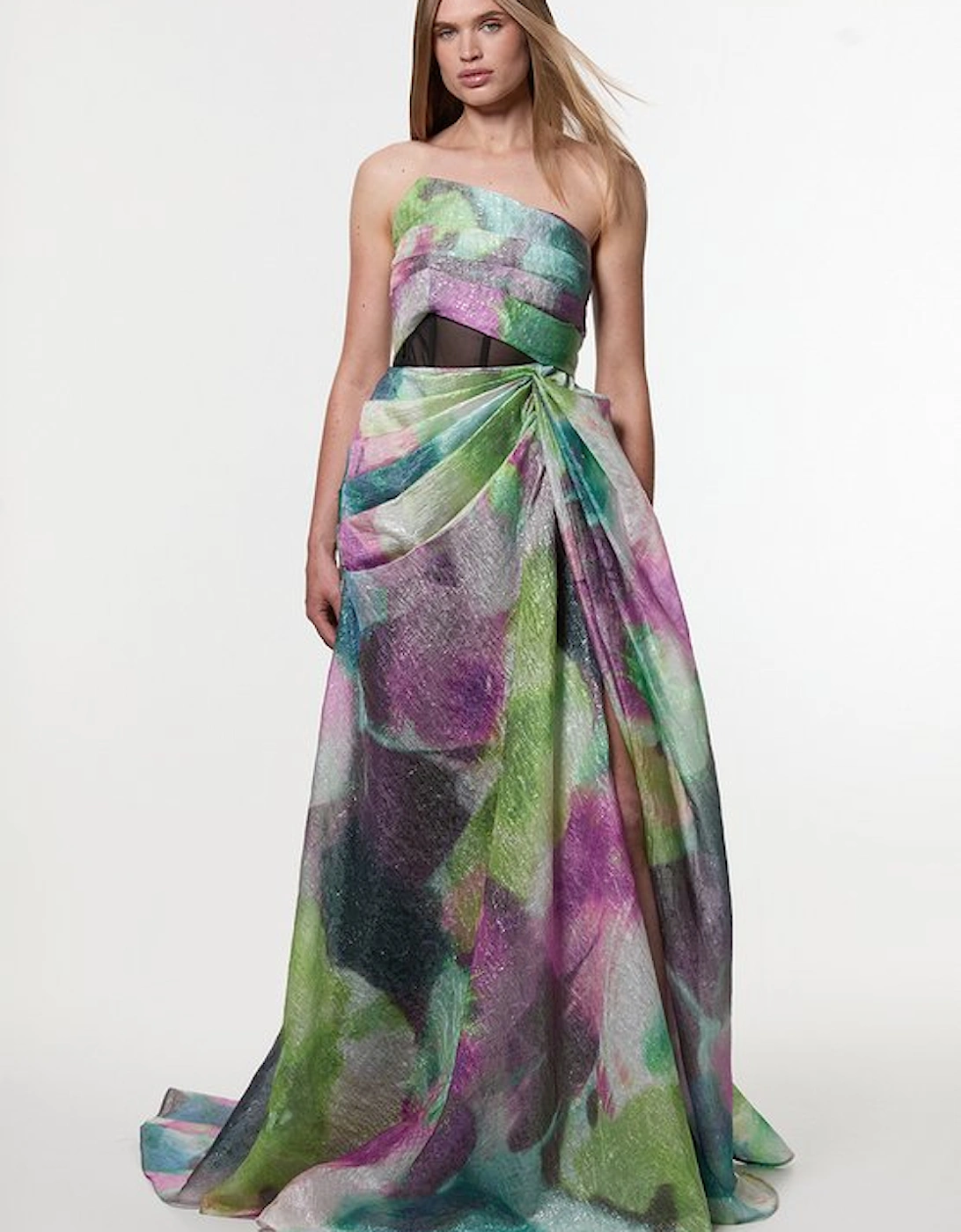Digital Ophelia Printed Organza Fishtail Corset Maxi Dress