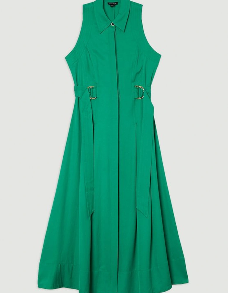 Premium Viscose Linen Topstitch Halter Neck Woven Midi Dress With D Ring Detail