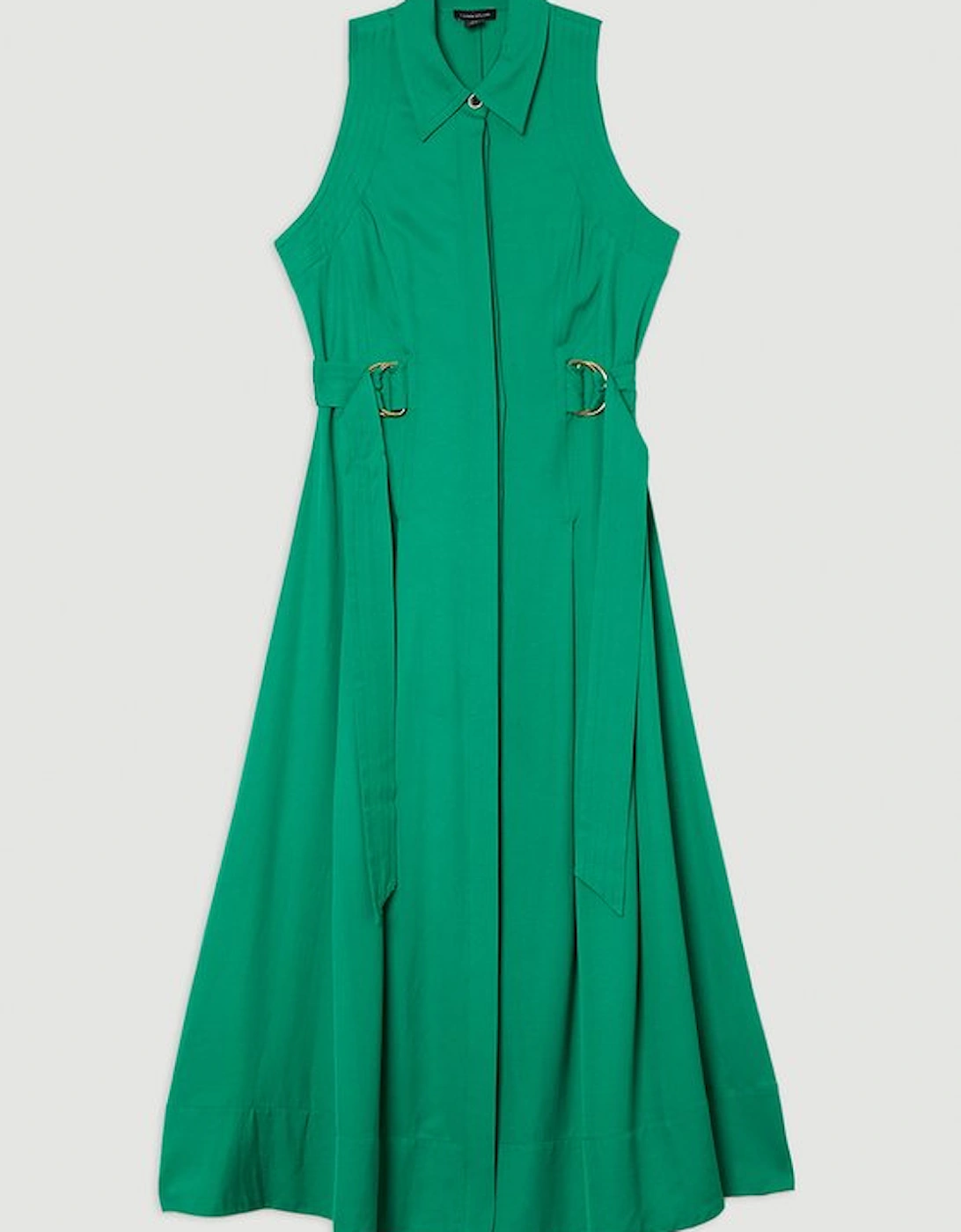 Premium Viscose Linen Topstitch Halter Neck Woven Midi Dress With D Ring Detail