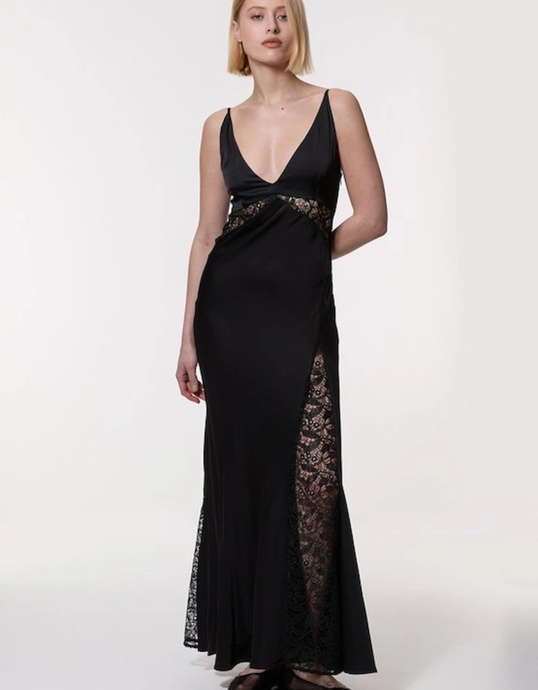 Viscose Satin Woven Maxi Dress With Lace Panelled Detail