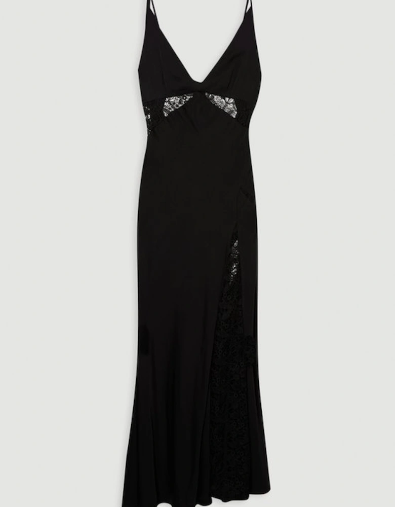 Viscose Satin Woven Maxi Dress With Lace Panelled Detail
