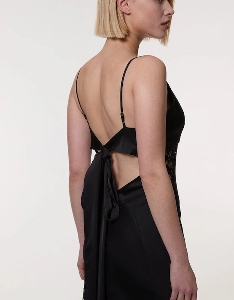 Viscose Satin Woven Maxi Dress With Lace Panelled Detail
