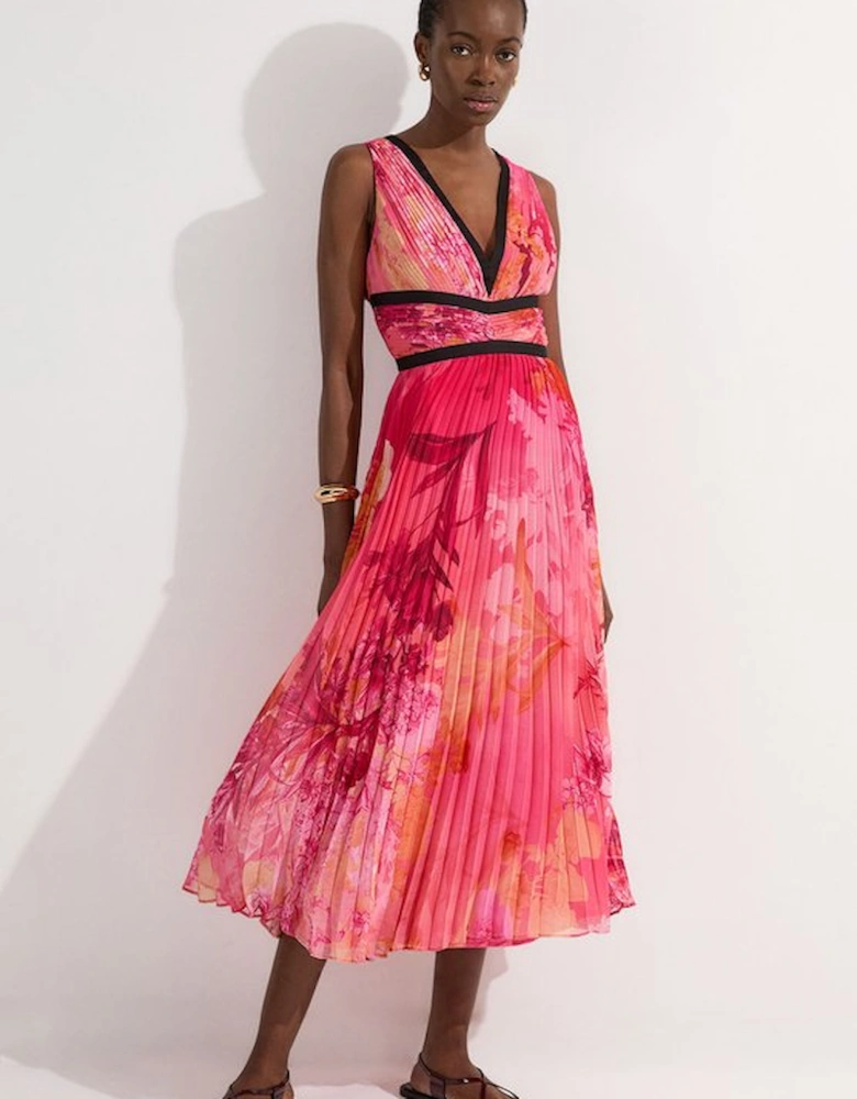 Pleated Floral Bodice Detail Woven Maxi Dress