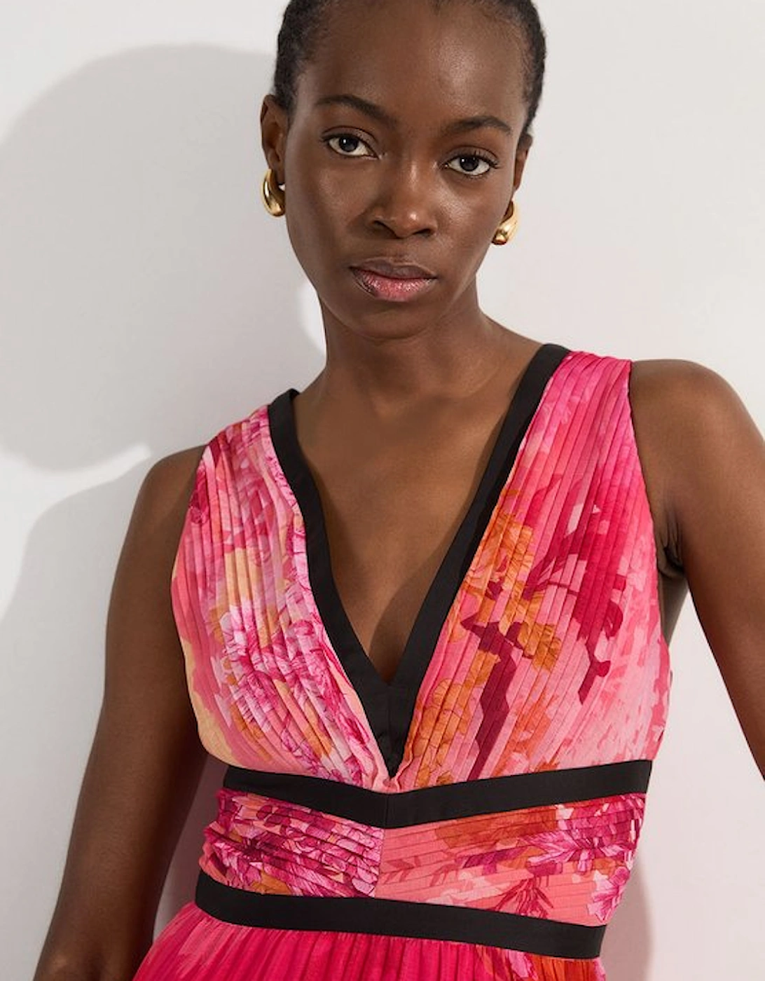 Pleated Floral Bodice Detail Woven Maxi Dress