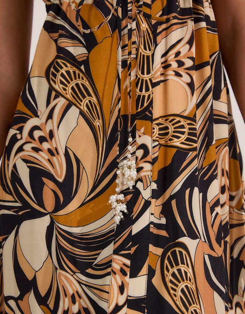 Beach Border Print Spun Viscose Strappy Maxi Dress