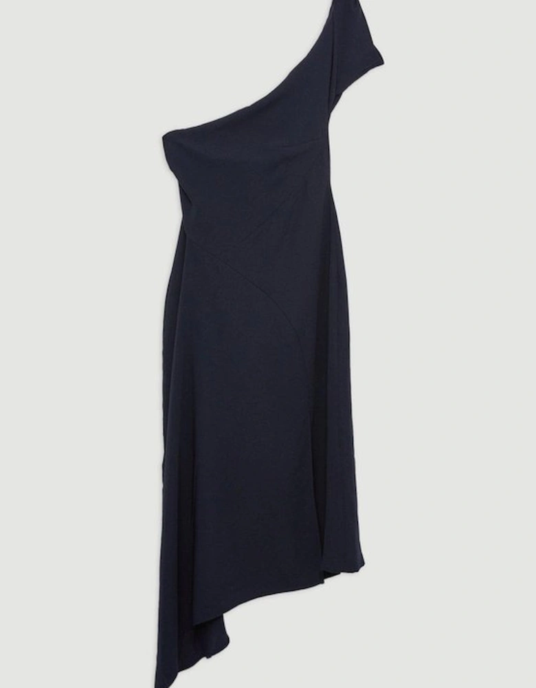 Fluid Tailored One Shoulder Asymmetric Drape Midi Dress