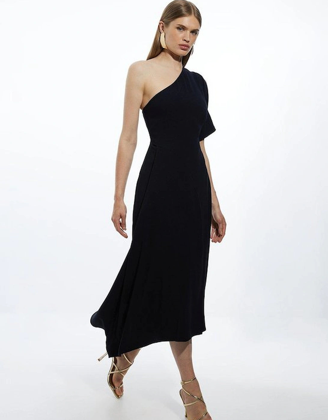 Fluid Tailored One Shoulder Asymmetric Drape Midi Dress, 5 of 4
