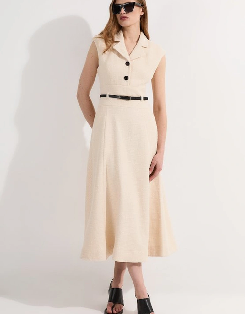 Textured Tweed Belted Full Skirted Midi Dress