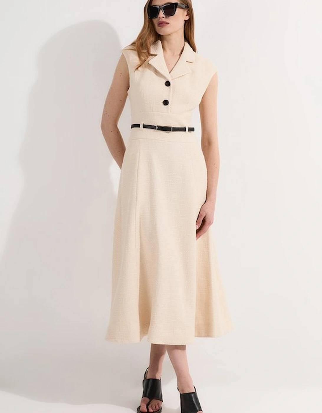 Textured Tweed Belted Full Skirted Midi Dress, 5 of 4