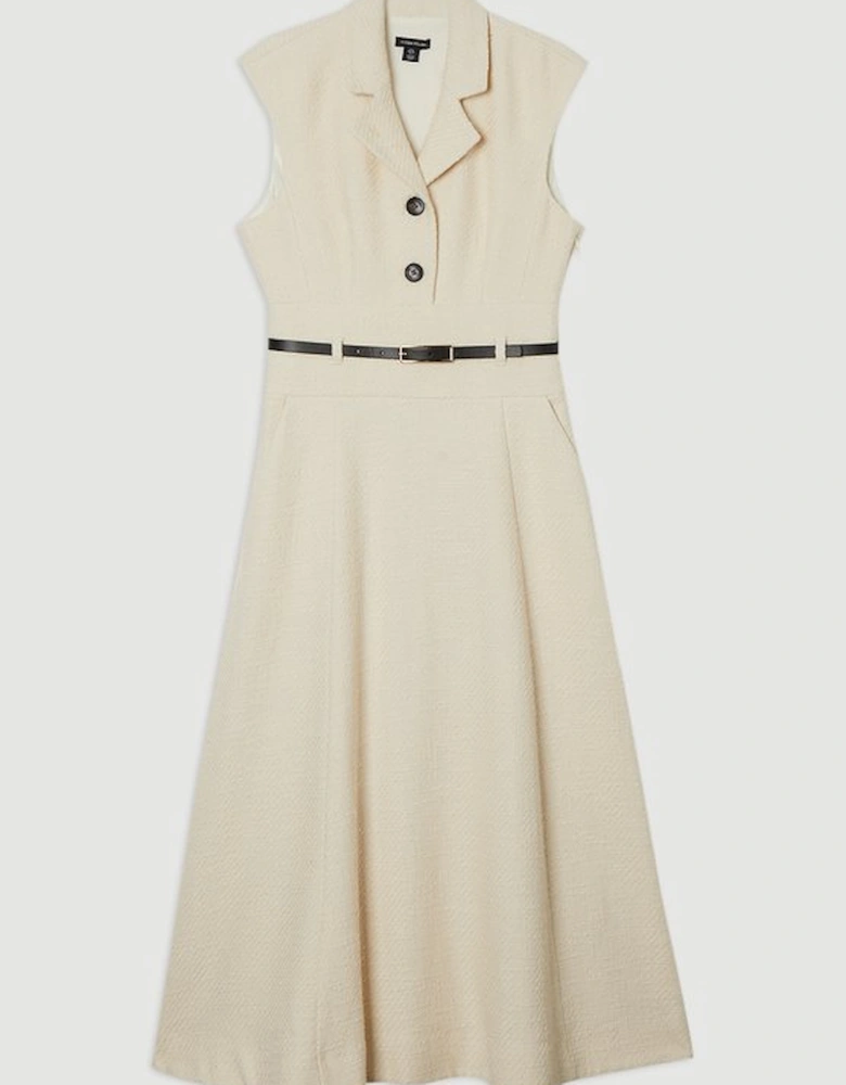 Textured Tweed Belted Full Skirted Midi Dress