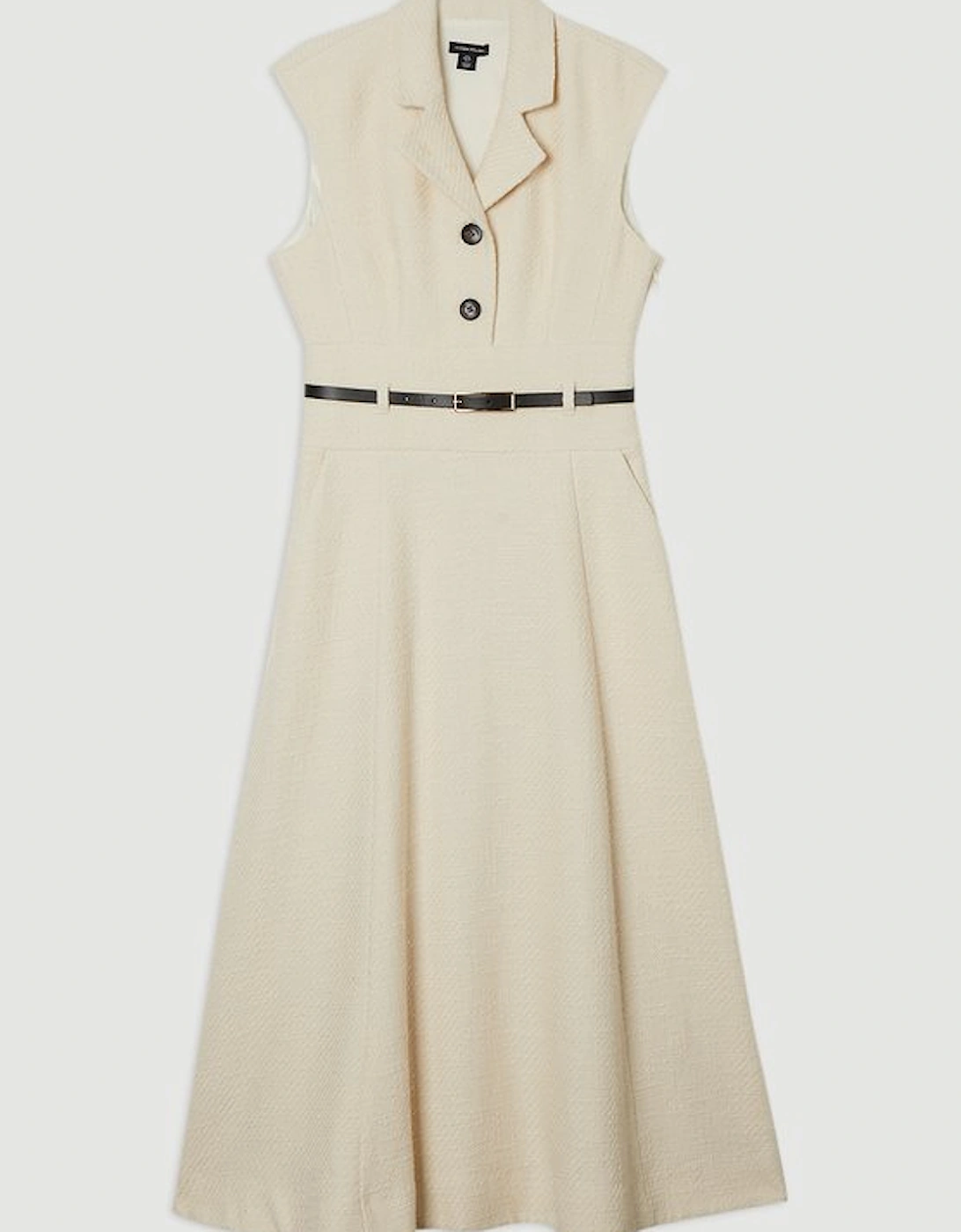 Textured Tweed Belted Full Skirted Midi Dress