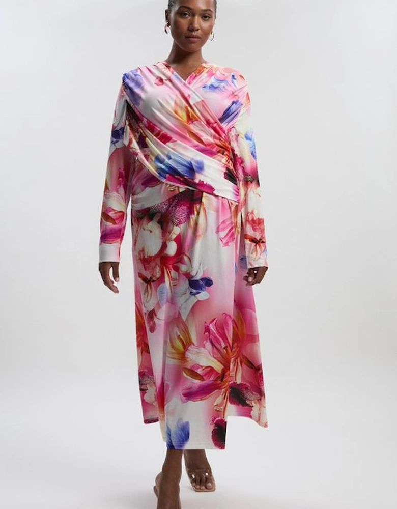 Plus Size Botanic Floral Jersey Crepe Twist Maxi Dress