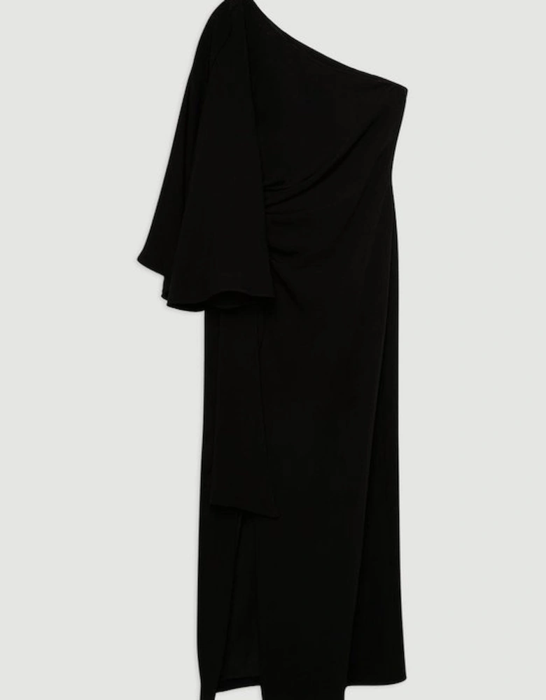 Compact Stretch Viscose Drape Sleeve One Shoulder Tailored Maxi Dress