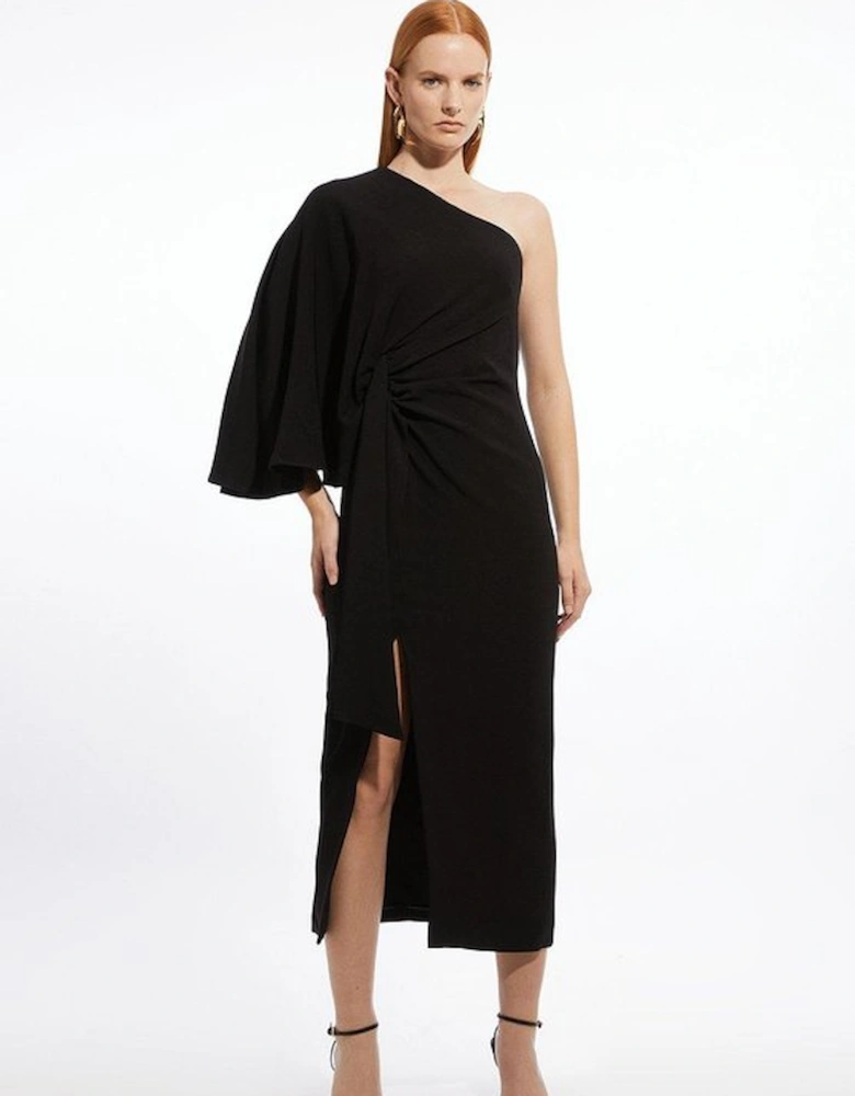 Compact Stretch Viscose Drape Sleeve One Shoulder Tailored Maxi Dress