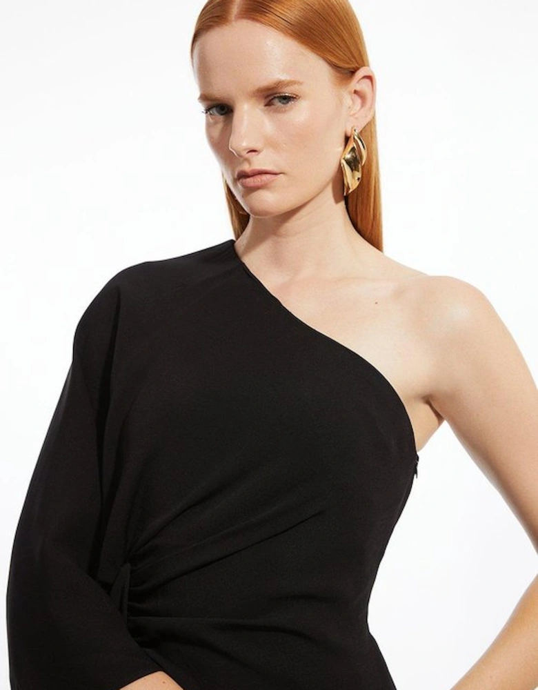 Compact Stretch Viscose Drape Sleeve One Shoulder Tailored Maxi Dress