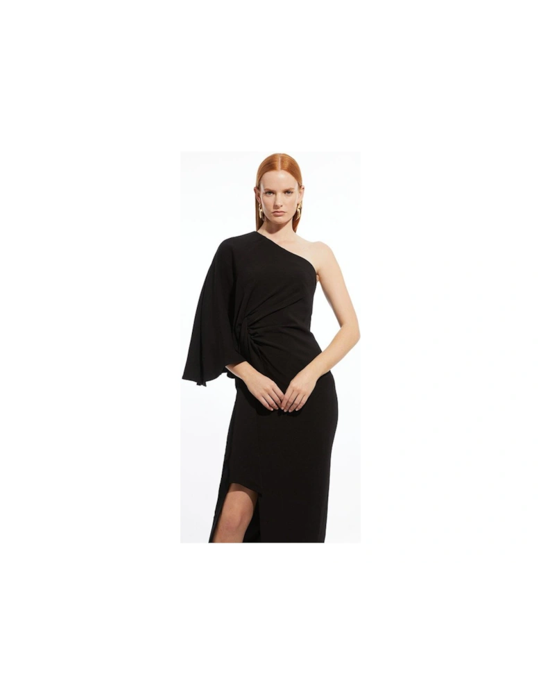 Compact Stretch Viscose Drape Sleeve One Shoulder Tailored Maxi Dress