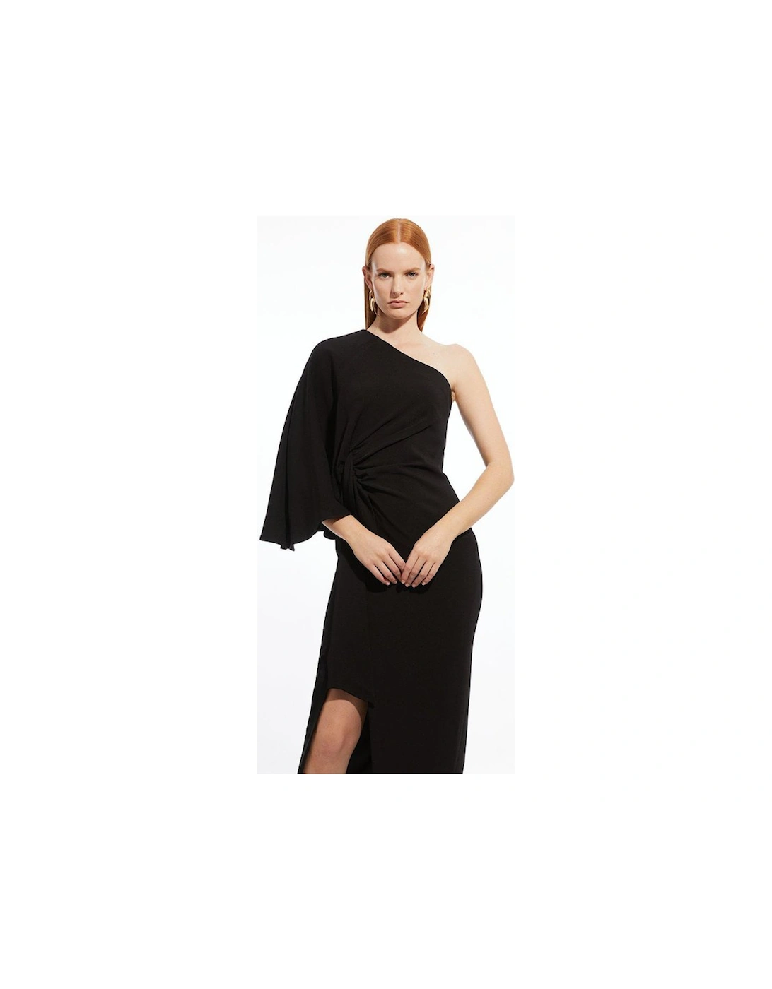 Compact Stretch Viscose Drape Sleeve One Shoulder Tailored Maxi Dress