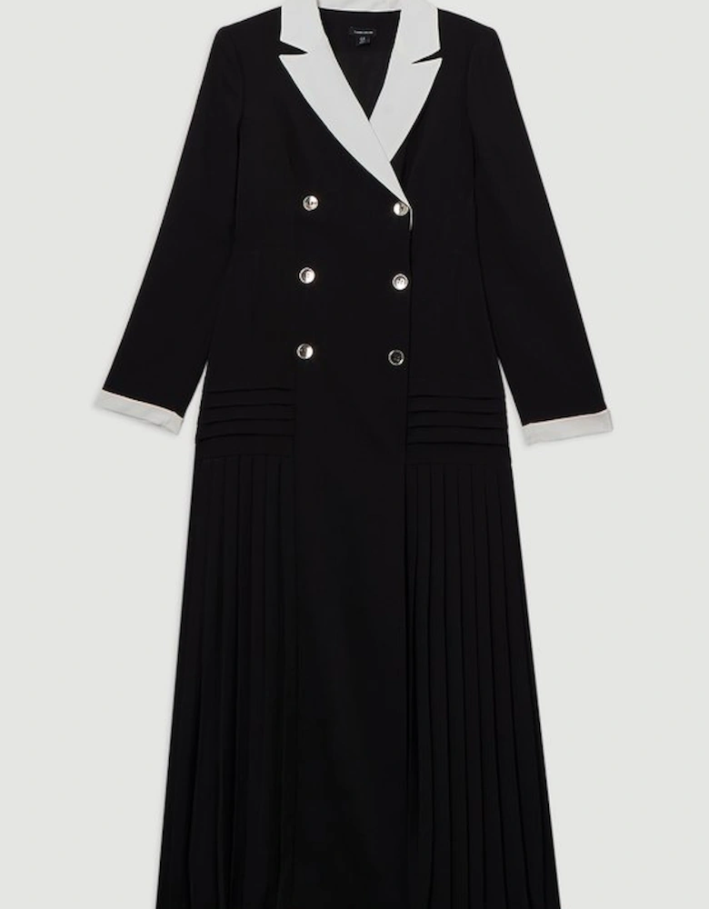 Long Sleeve Contrast Collar Pleated Button Detailed Woven Midi Dress
