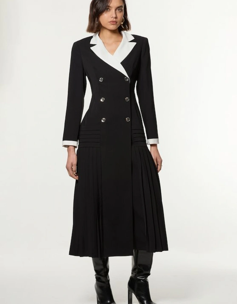 Long Sleeve Contrast Collar Pleated Button Detailed Woven Midi Dress