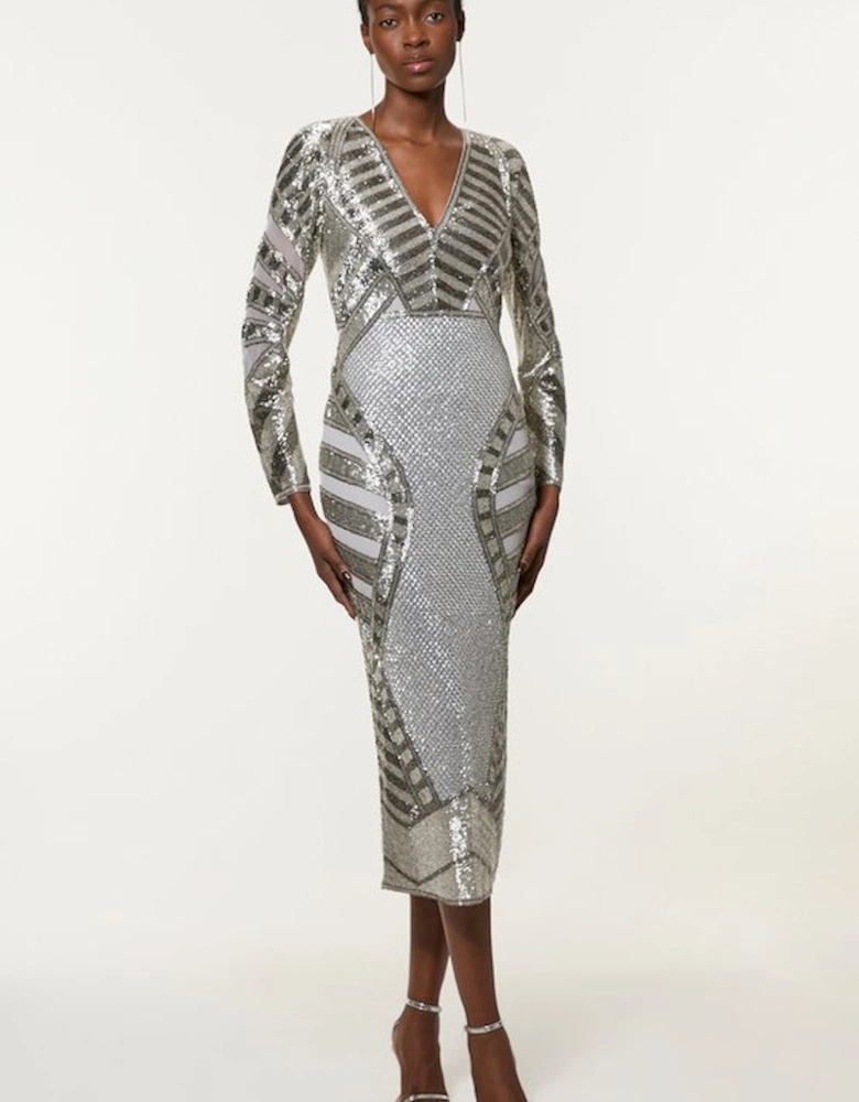 Premium Mirrored Crystal Embellished Woven Midi Dress