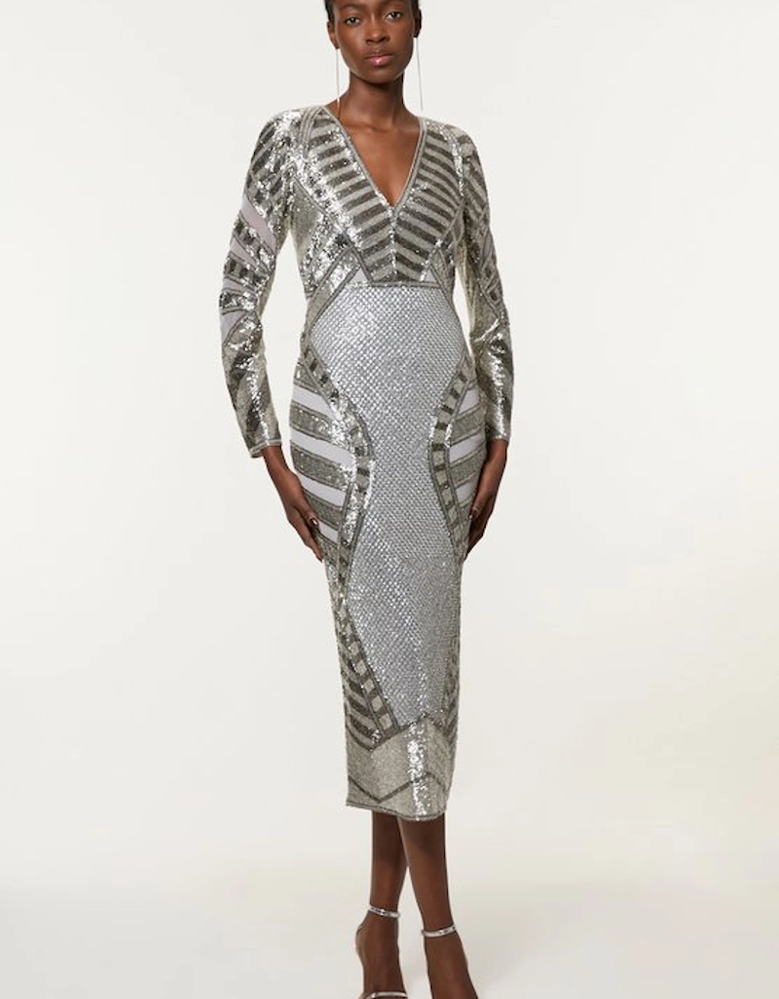 Premium Mirrored Crystal Embellished Woven Midi Dress, 5 of 4