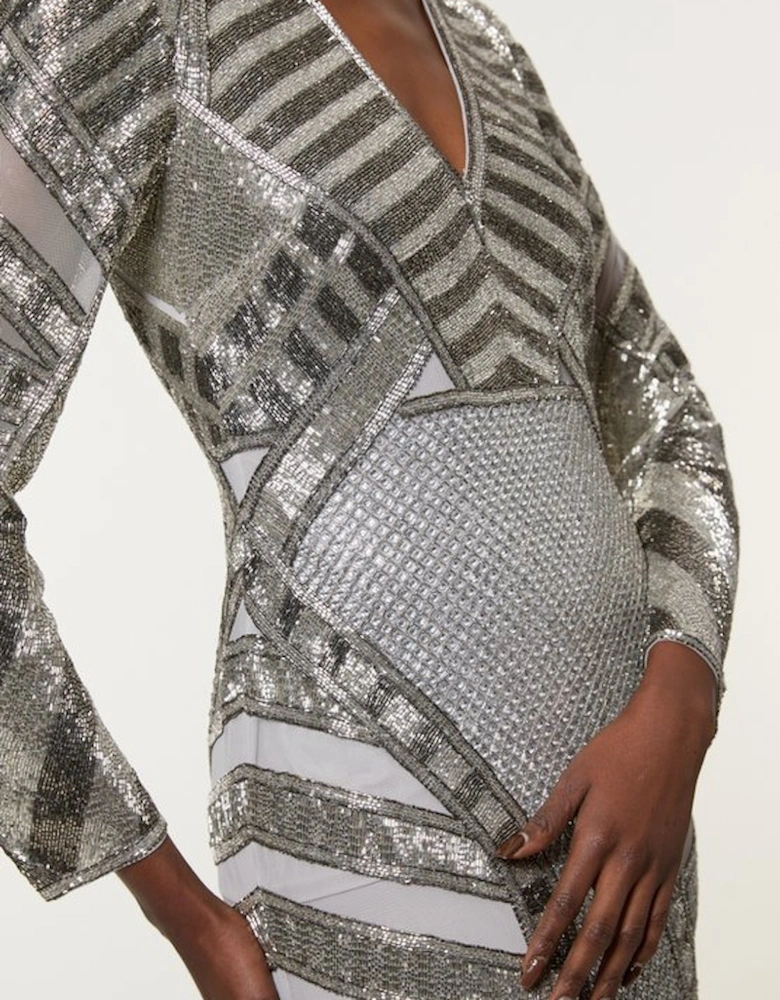 Premium Mirrored Crystal Embellished Woven Midi Dress