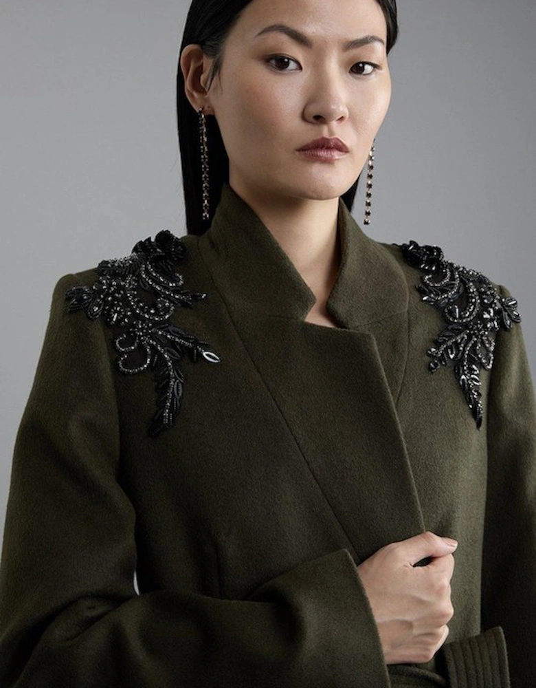 Wool Blend Embellished Belted Tailored Longline Coat