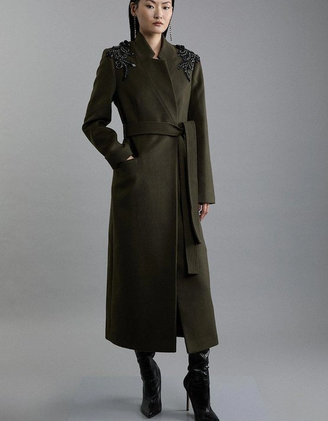 Wool Blend Embellished Belted Tailored Longline Coat, 5 of 4