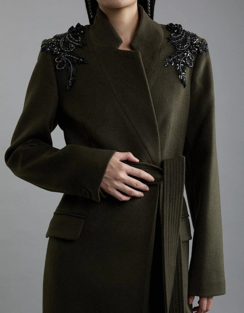 Wool Blend Embellished Belted Tailored Longline Coat