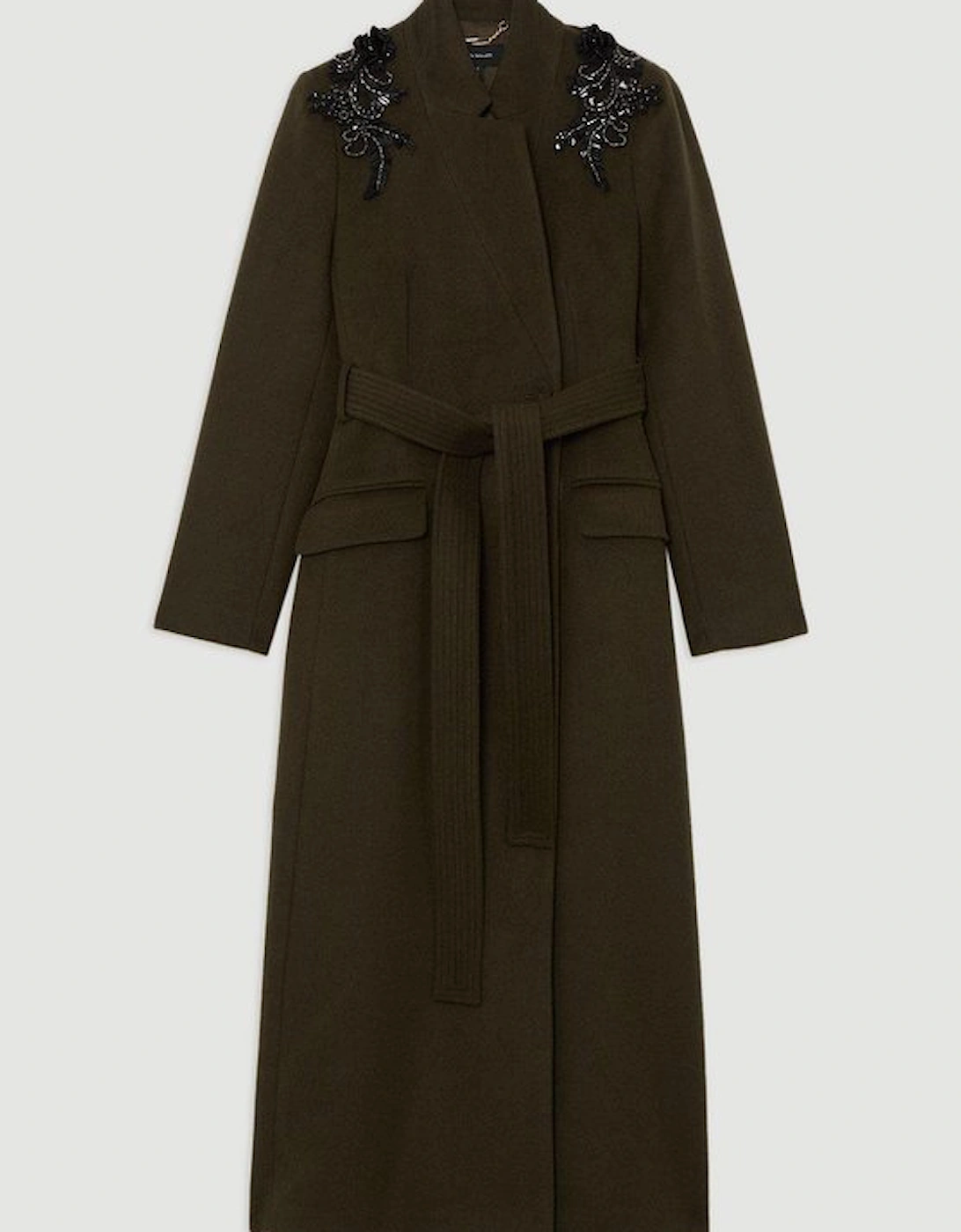 Wool Blend Embellished Belted Tailored Longline Coat