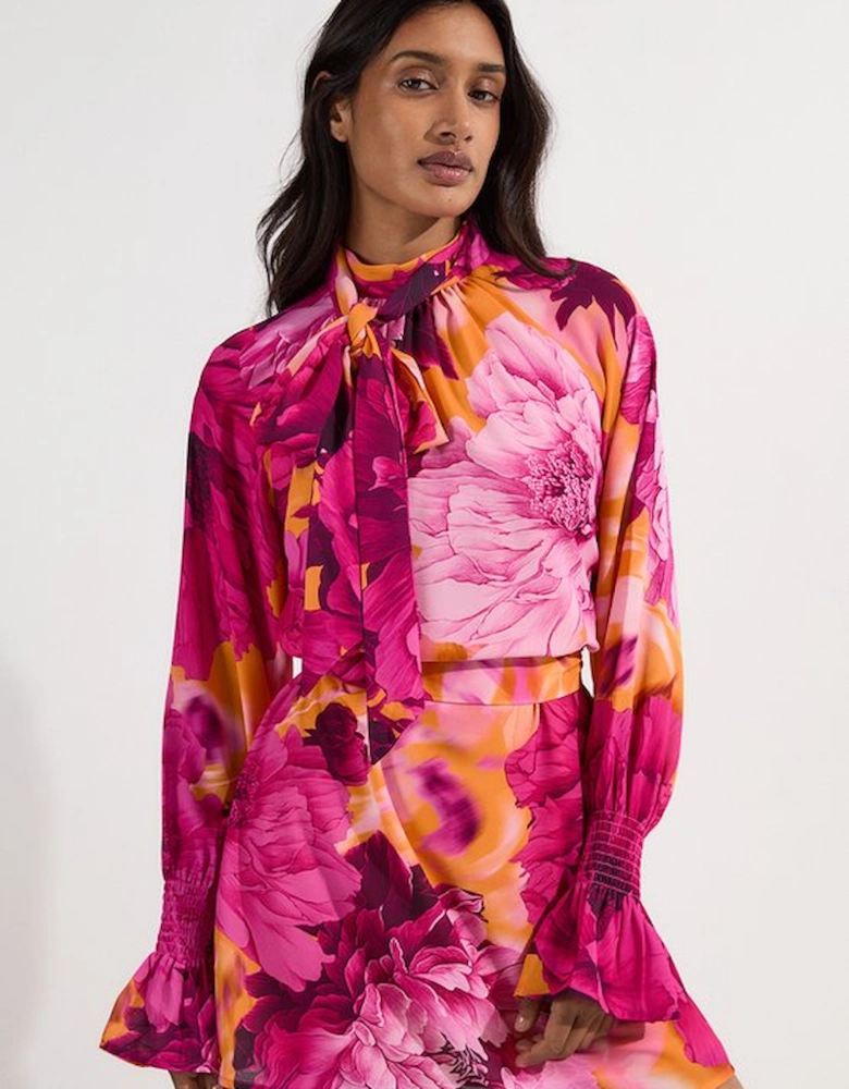 Floral Tie Neck Woven Mini Dress