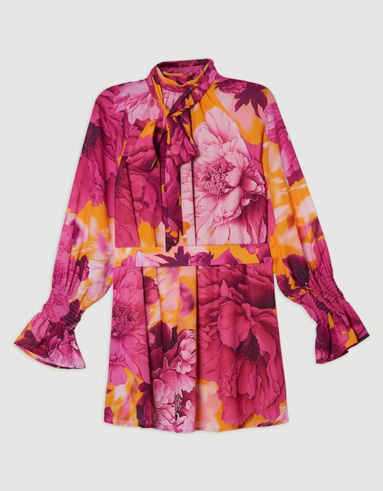 Floral Tie Neck Woven Mini Dress