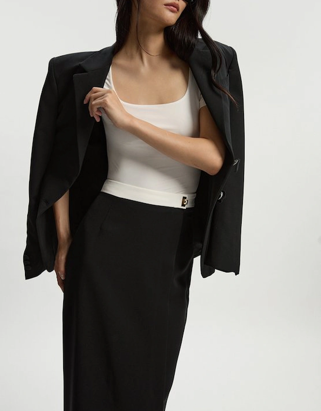 Petite Twill Contrast Hardware Woven Midi Skirt, 4 of 3