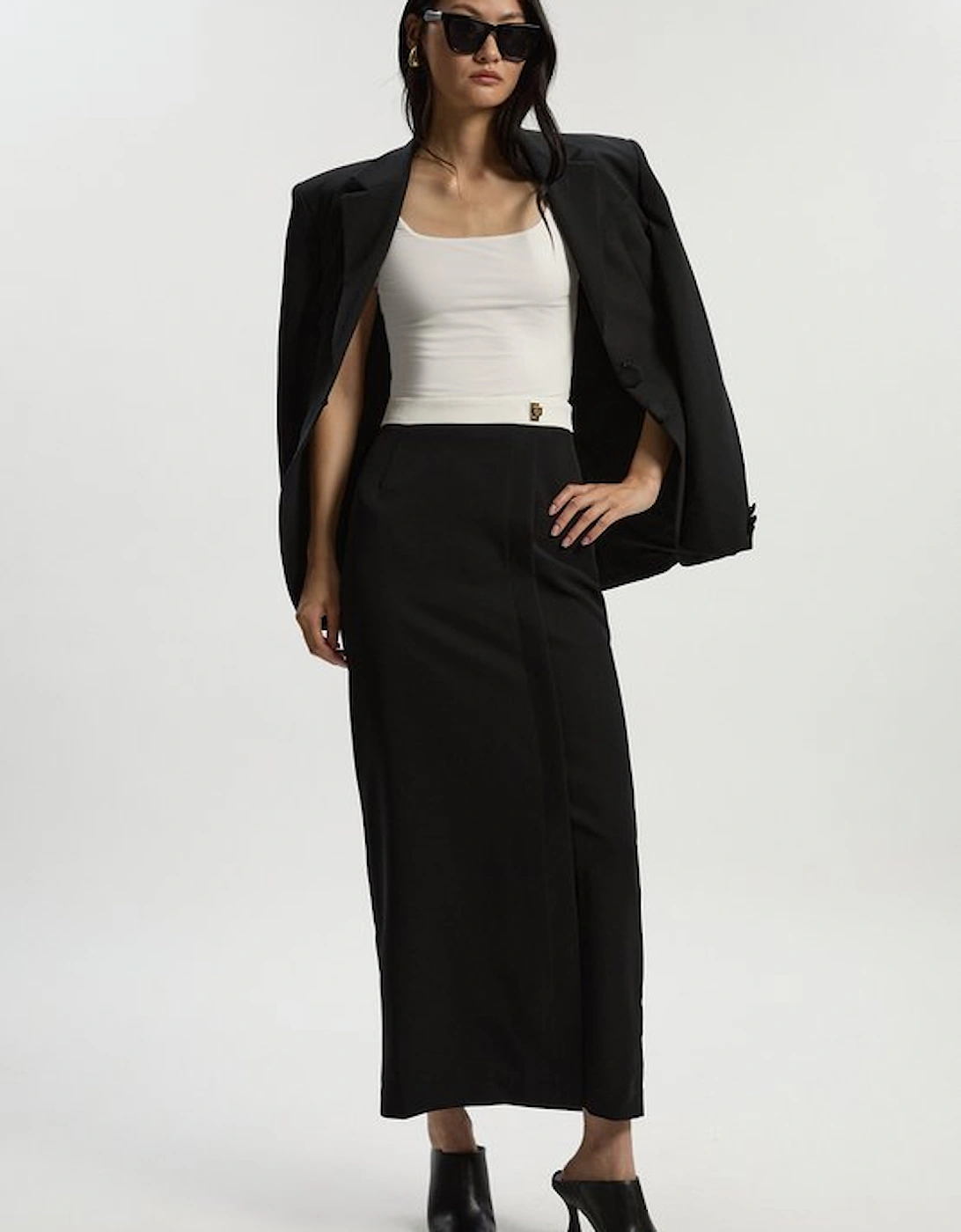 Petite Twill Contrast Hardware Woven Midi Skirt