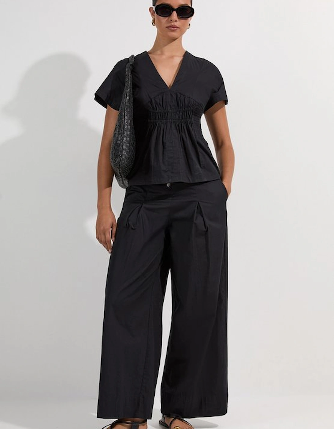 Shirred Cotton Wide Leg Woven Trouser