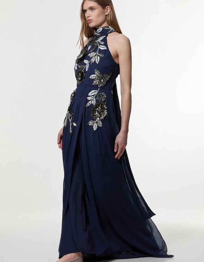 Petite Floral 3D Embellished Halter Tie Neck Woven Maxi Dress