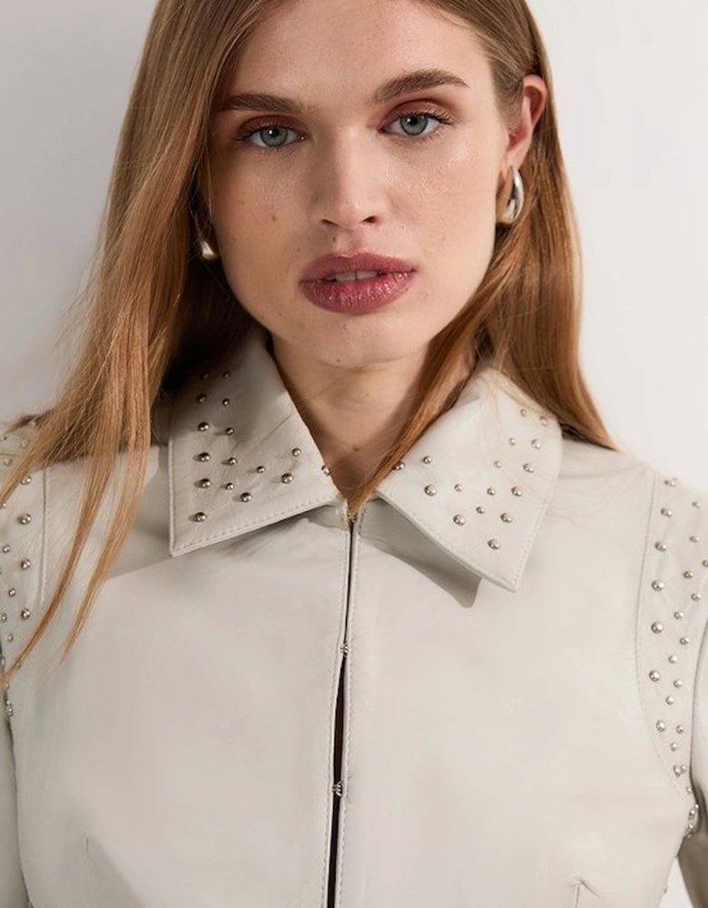 Studded Leather High Collar Tailored Jacket