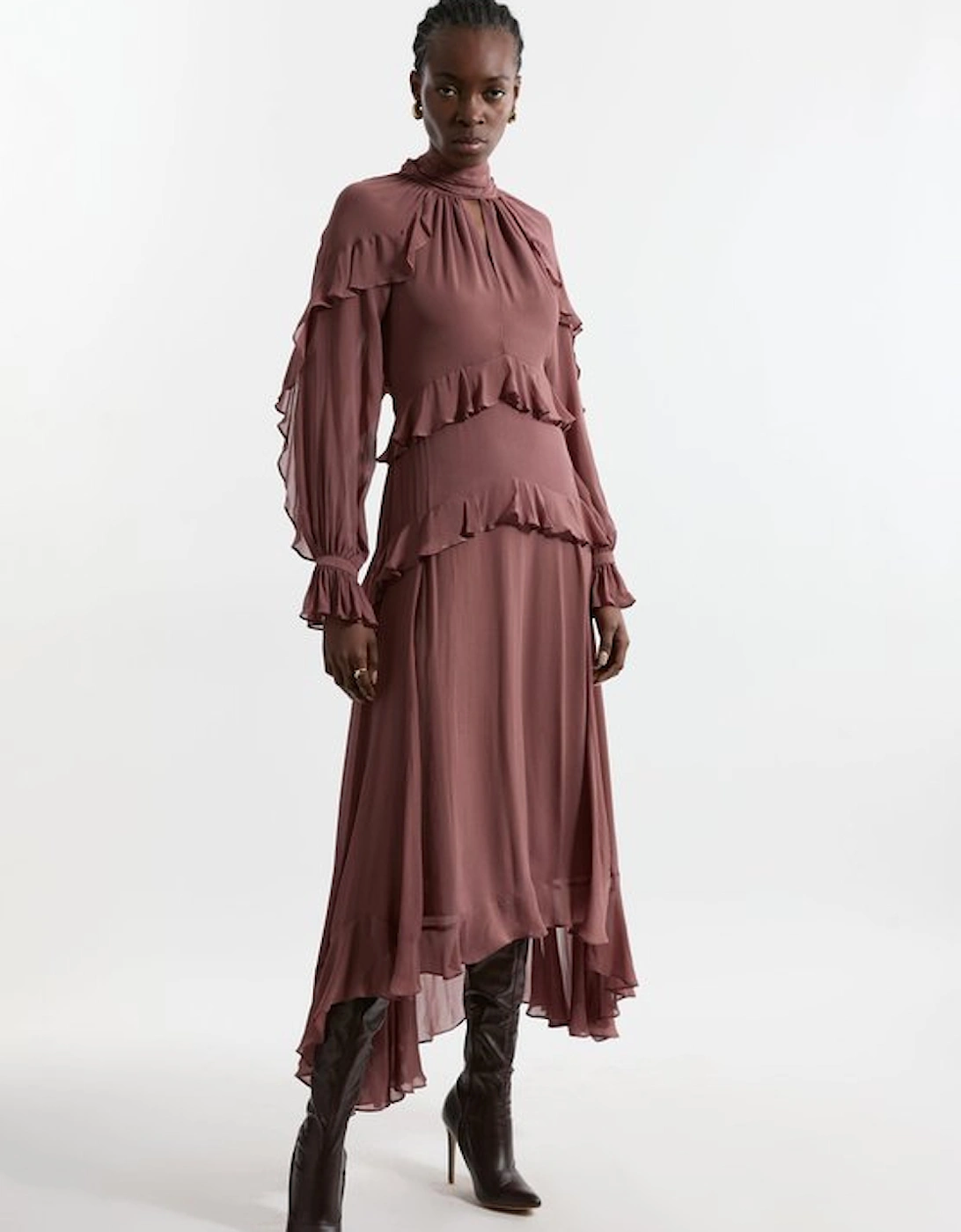 Petite Viscose Georgette Ruffle Detail Drama Woven Maxi Dress, 4 of 3