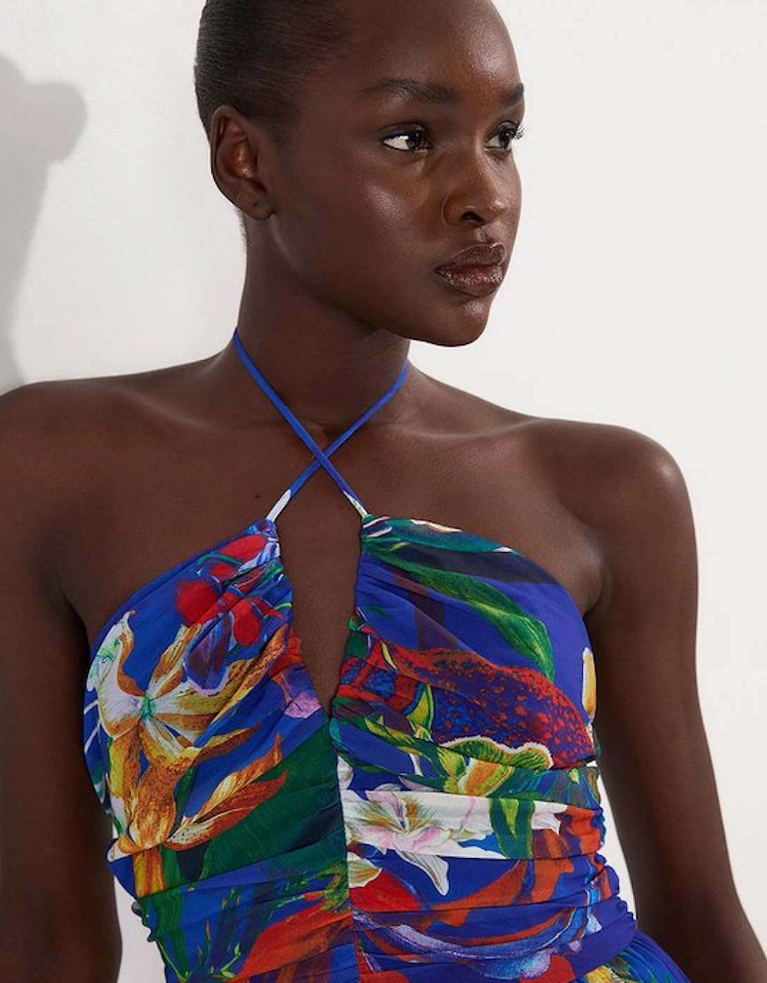 Tropical Georgette Crinkle Tiered Halterneck Midi Dress