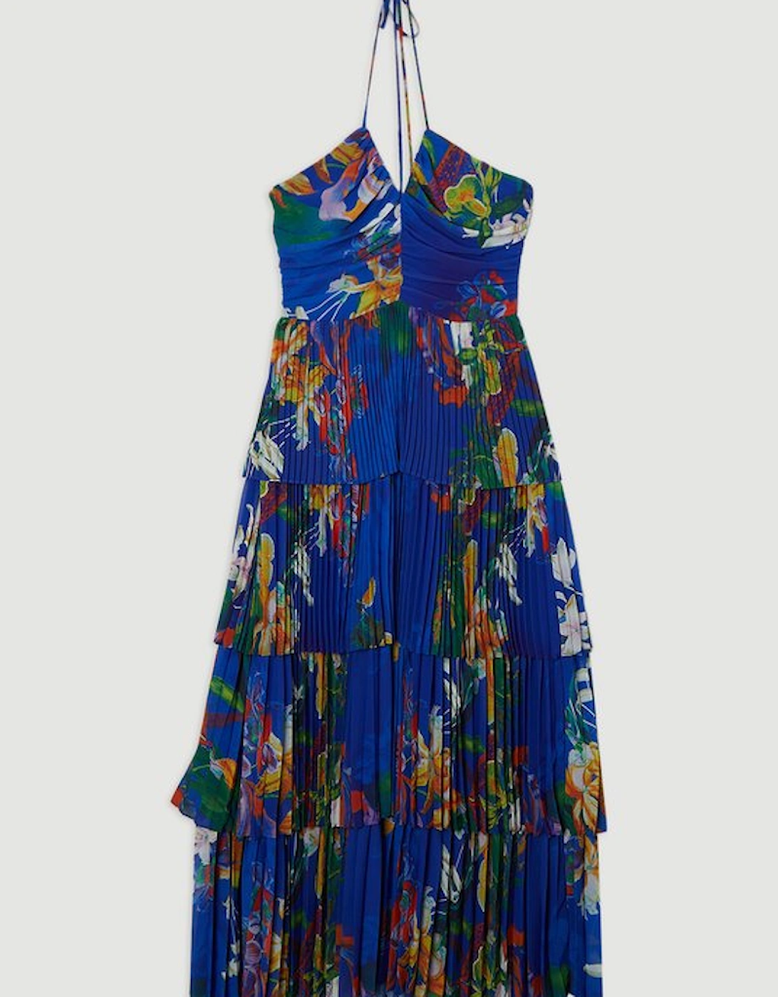 Tropical Georgette Crinkle Tiered Halterneck Midi Dress