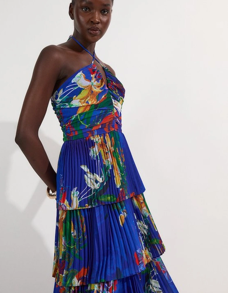 Tropical Georgette Crinkle Tiered Halterneck Midi Dress