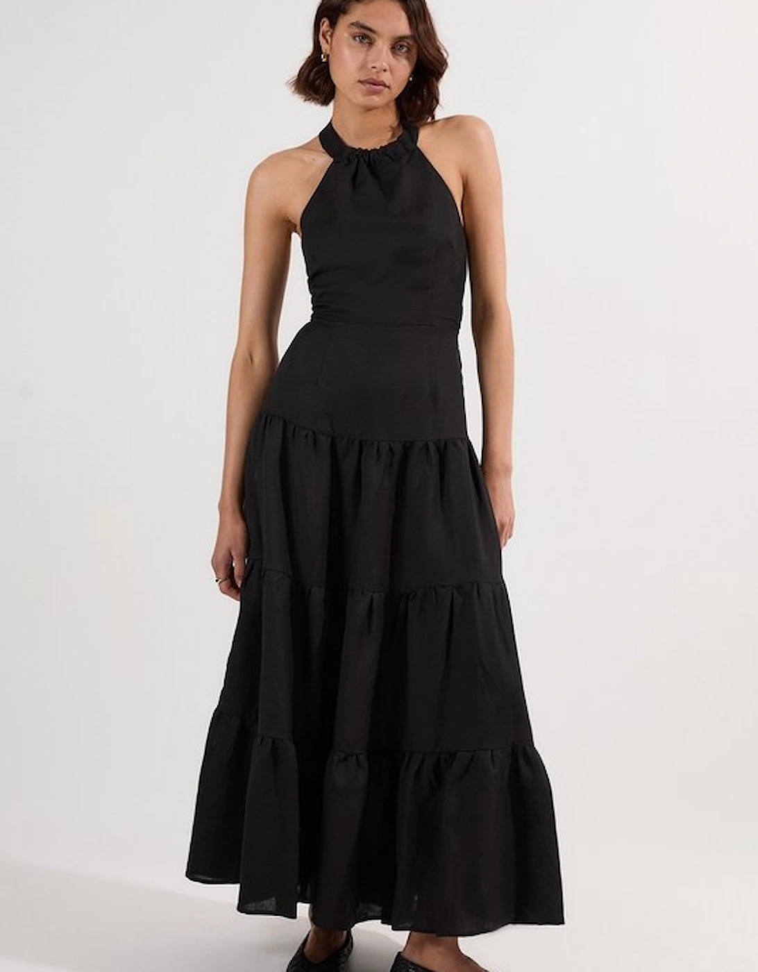 Viscose Linen Halter Tiered Woven Maxi Dress