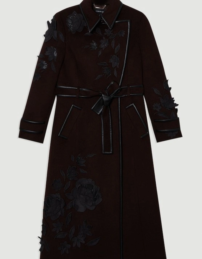 Brushed Wool Pu Mix Placed Floral Embroidery Applique Tailored Midi Coat