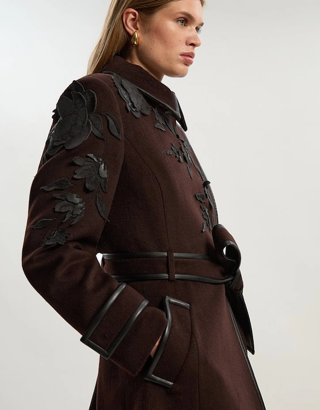 Brushed Wool Pu Mix Placed Floral Embroidery Applique Tailored Midi Coat