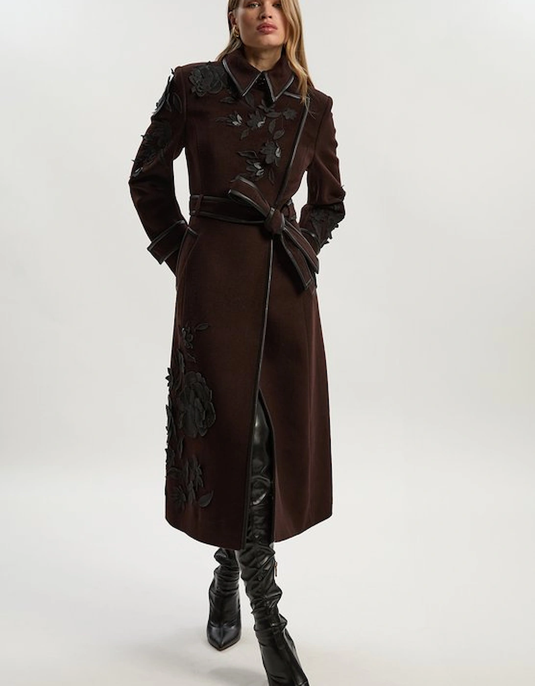 Brushed Wool Pu Mix Placed Floral Embroidery Applique Tailored Midi Coat, 5 of 4